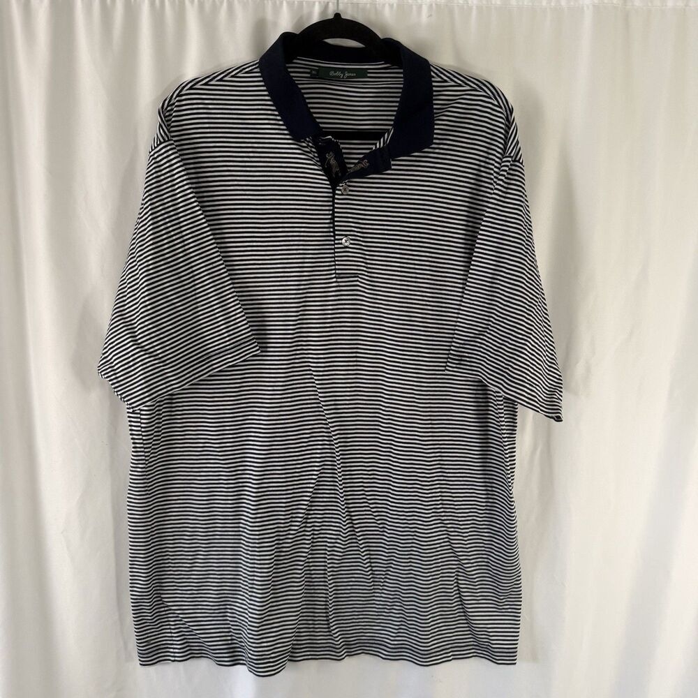 Bobby Jones Polo Men's XL White Black Striped Short Sleeve Collared 100% Cotton